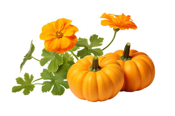 illustration of two pumpkins blossoms, Isolated on transparent PNG background, Generative ai