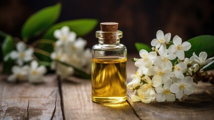 Essential oil with jasmine flowers on a wooden background