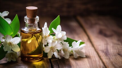 Essential oil with jasmine flowers on a wooden background
