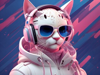 Generative AI illustration of fantasy character with cat head in sunglasses and headphones wearing white jacket listening to music against pink and blue