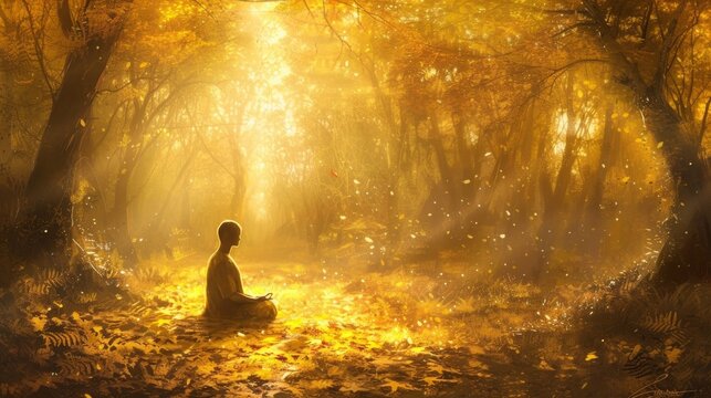 A person meditating in a tranquil forest, surrounded by soft sunlight filtering through the trees