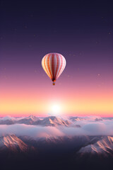 Fototapeta premium Colorful hot air balloon flying early in the morning over the mountain. Scenic sunrise or sunset view. Spring or summer landscape. Travel and vacation concept