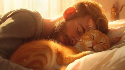 Man sleeping peacefully with a cat