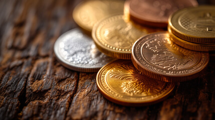 Gold coin, silver coin and bronze coin, neatly arranged on a rustic wooden table. Generative ai.