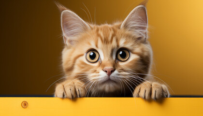 Cute kitten sitting, staring with playful curiosity, fluffy fur generated by AI