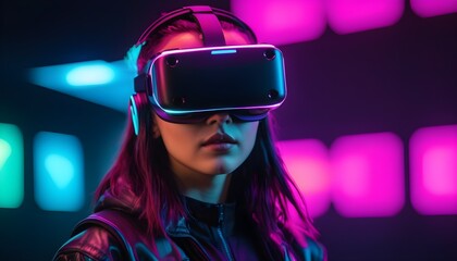 Young girl model with short black hairs wearing a VR visor viewer, sci-fi low-poly background, led light on pink blue and purple shades - obrazy, fototapety, plakaty