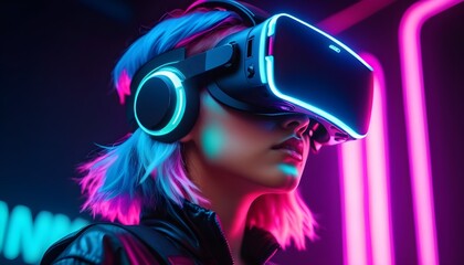 Young girl model with short white hairs wearing a led lights VR visor viewer, sci-fi low-poly background, led light on pink blue and purple shades - obrazy, fototapety, plakaty