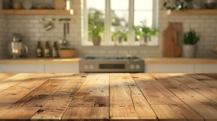 Wooden tabletop view for product montage over blurred kitchen interior background. 