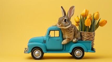 fluffy bunny in on a blue truck is carrying bouquet of yellow tulips, yellow background, Easter...