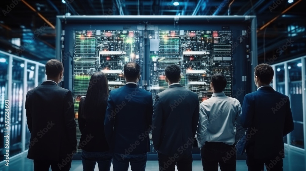 Poster a group of it engineers discuss new technologies, project ideas and the direction of development of 