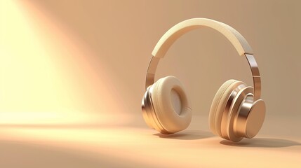 Naklejka premium Golden headphones ,light background with copy space, sun is shining