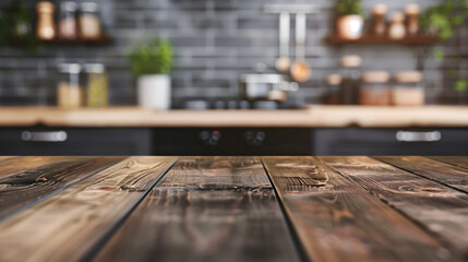 Wooden tabletop view for product montage over blurred kitchen interior background. 