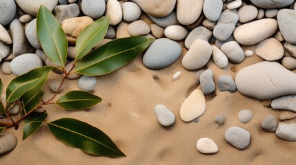 Fototapeta na wymiar Natural Harmony Sage Twig and Pebble Rocks on Sand Serene Botanical Background