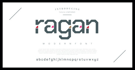 Ragan Creative modern alphabet. Dropped stunning font, type for futuristic logo, headline, creative lettering and maxi typography. Minimal style letters with yellow spot. Vector typographic desi - obrazy, fototapety, plakaty