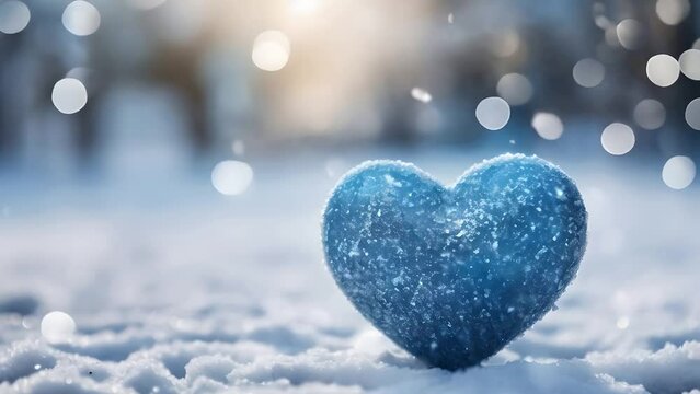 love Winter Blue heart on snow with bokeh background footage for background