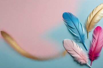 Dreamy Blue, Pink, and Gold Feathers on Gradient Background
