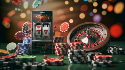casino, gamble, poker, money, luck, chance, Podium with smartphone, casino slot machine, Casino Roulette , cards and poker chips in dark gold scene