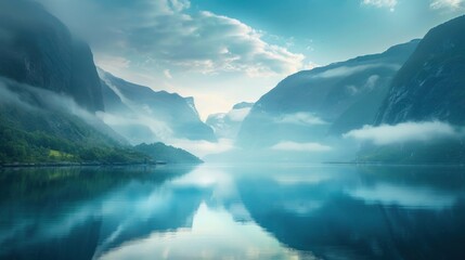 Misty fjords of Norway at dawn, calming rhythms, serene reflections in still waters  - obrazy, fototapety, plakaty