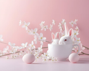 Whimsical Display of White Bunnies in Teacups Amidst Pastel Decor and Speckled Eggs on a Soft Pink Backdrop