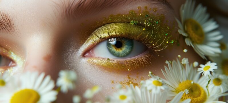 close up macro shot of woman eye with make up,  spring flower white daisy blossom with glitter glow diamond dust, Generative Ai