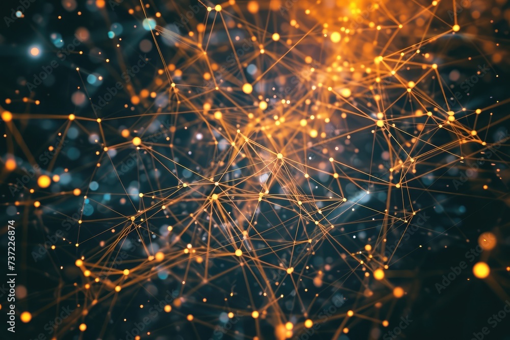 Poster abstract background with multiple lines and dots, a web of interconnected nodes depicting the decent