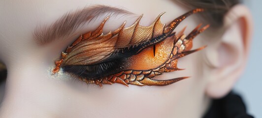 close up macro shot of woman eye with make up, fire dragon theme, scale and flame on smoky eye, Generative Ai
