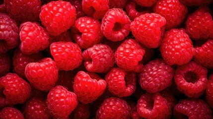 Raspberries background. Close up of fresh red raspberries background. Top view. Healthy food...