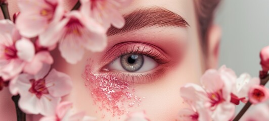 close up macro shot of woman eye with make up, pink cherry blossom with metallic glitter glow eyeshadow, Generative Ai