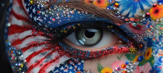 close up macro shot of woman eye with make up, carnival theme with diamond dust and flower paint, Generative Ai