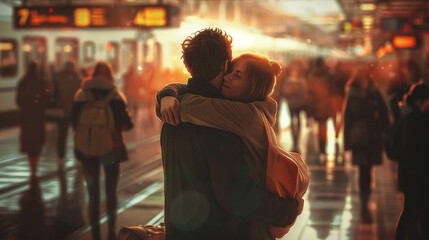 A cinematic view of a family embracing in a train station with the hustle and bustle blurred in the background emphasizing their reunion - obrazy, fototapety, plakaty