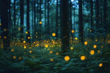 A vibrant forest illuminated by countless yellow fireflies creating a dazzling spectacle of natural light, A whimsical display of fireflies emerging at dusk in a dense forest, AI Generated - obrazy, fototapety, plakaty