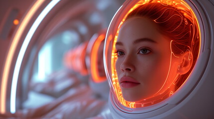 Woman getting innovative top-notch haircare treatment in futuristic salon, modern interior, realistic,  new beauty  technologies