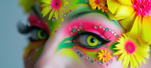 close up macro shot of woman eye with make up, spring flower blossom neon Fluorescent color pink green yellow,  Generative Ai
