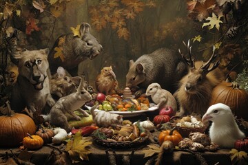 Group of Animals Gathered Around a Table Full of Food, A whimsical image of animals participating in their own Thanksgiving feast, AI Generated