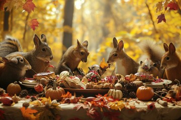 Multiple squirrels gathered around a table, actively consuming food, A whimsical image of animals participating in their own Thanksgiving feast, AI Generated - obrazy, fototapety, plakaty