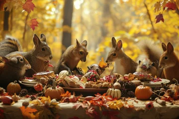 Foto op Aluminium Multiple squirrels gathered around a table, actively consuming food, A whimsical image of animals participating in their own Thanksgiving feast, AI Generated © Ifti Digital