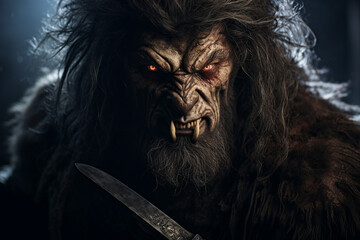 AI generated fantasy scene picture of an scary monster werewolf in dark forest