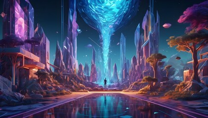 Naklejka premium Fantasy background with a central pool,, colorful trees and buildings at the sides, silhouette of a man in the distance