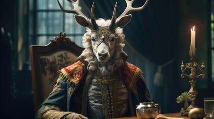 Realistic lifelike Deer in renaissance regal medieval noble royal outfits, commercial, editorial advertisement, surreal surrealism. 18th-century historical