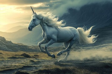 Obraz na płótnie Canvas A white unicorn gracefully gallops through a lush field with towering mountains providing a breathtaking backdrop, A whimsical unicorn galloping across a mystical landscape, AI Generated