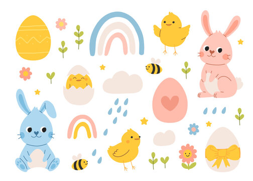 Cute pink and blue Easter bunny rabbits with baby chicks and Easter eggs vector illustration. Cartoon Easter illustration with floral elements, rainbow, rain drops, flower and bees.