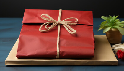 A wrapped gift box on a table, decoration for celebration generated by AI