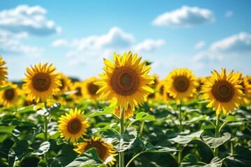 Obraz premium A picturesque field filled with vibrant sunflowers stretching towards the blue sky, A wide expansive sunflower field under a clear blue sky, AI Generated