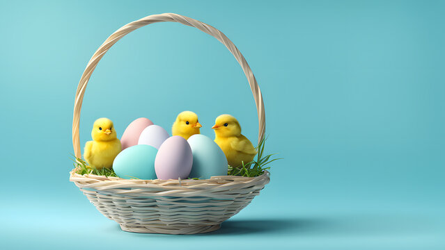 3D cute chicken in the basket and colorful easter eggs template. Minimal blue pastel background perfect for social media, poster, website banner.