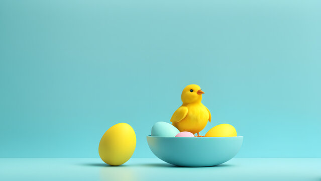 Cheerful 3D Cute Chicken Surrounded by Colorful Easter Eggs on Serene Blue Pastel Background. Perfect for Social Media, Poster, Website Banner.