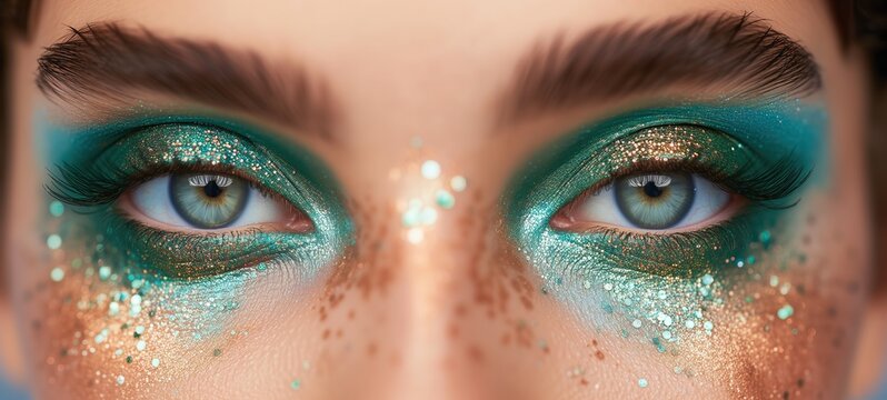 close up macro shot of woman eye with make up, green smoky eye glitter glow, Generative Ai