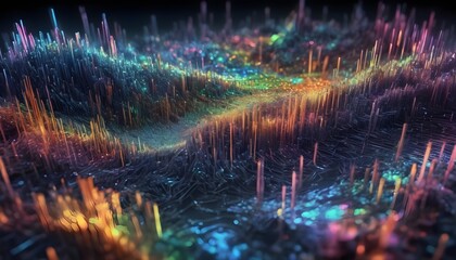 Holographic landscape gluo and colorful, reef like surfaces whit stalagmites and pikes