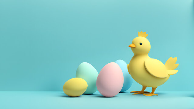 Festive 3D Cute Chicken with an Array of Vibrant Easter Eggs on Cheerful Blue Pastel Background. Portraying Easter Festivity for Social Media, Poster, Website Banner.