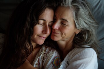 Portrait of a loving couple of middle-aged lesbians cuddling, embracing tenderly, smiling, their faces express happiness, wellbeing and intimacy, beautiful close-up view and wonderful relationship