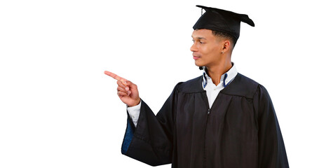 Education, graduation and student pointing to marketing isolated on transparent, png background....